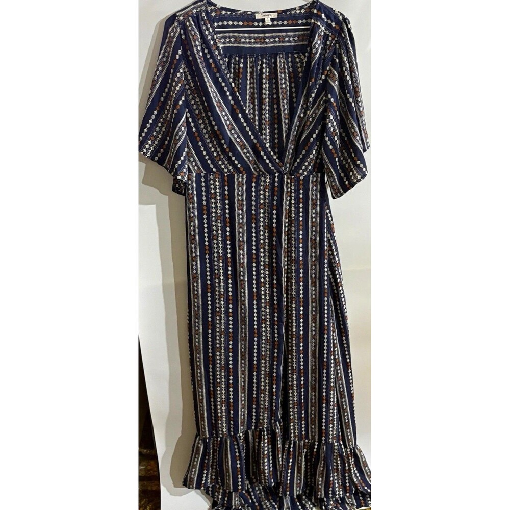 JODIFL Blue Geometric V-Neck Short Sleeve Ruffle Maxi Dress Women’s S
